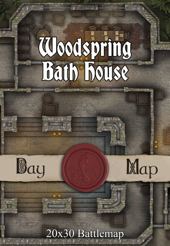Download this Woodspring Bath House 30x20 TTRPG Battlemap and get ready for some steamy combat! Ready for VTTs and home or professional printing.