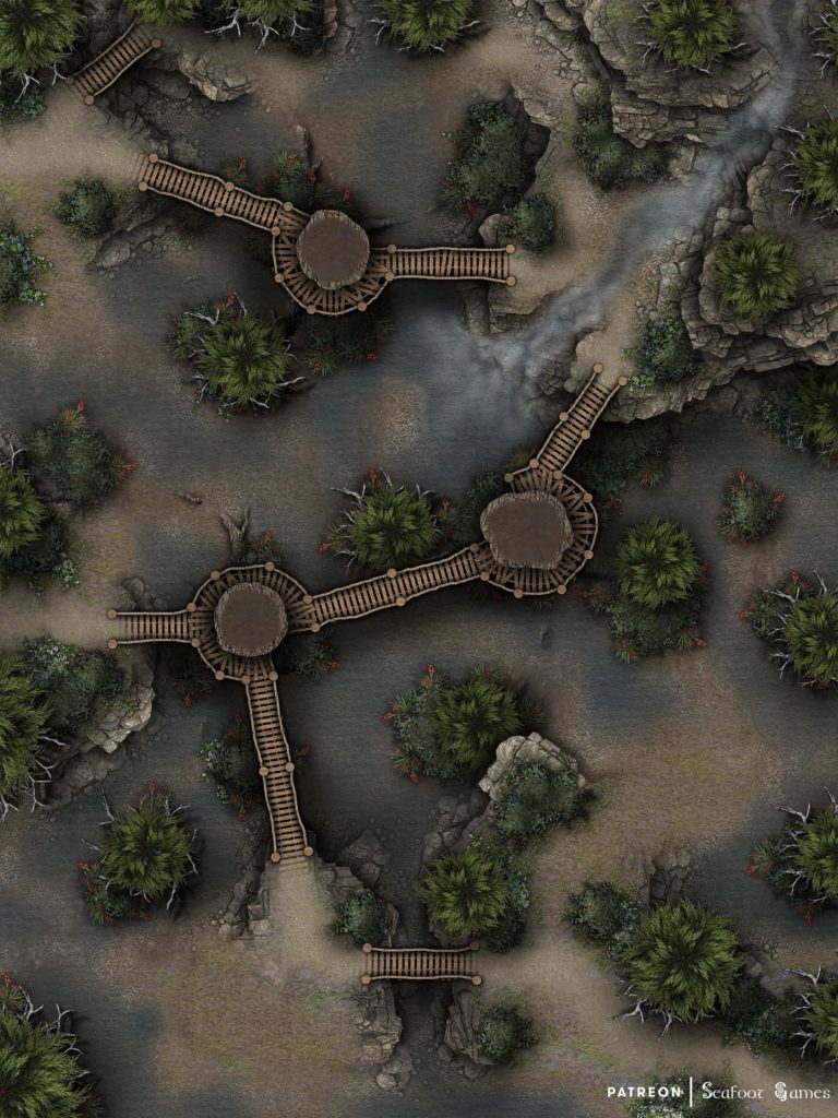 Free TTRPG battlemap of the Trackless Fens Treetop Bridges
