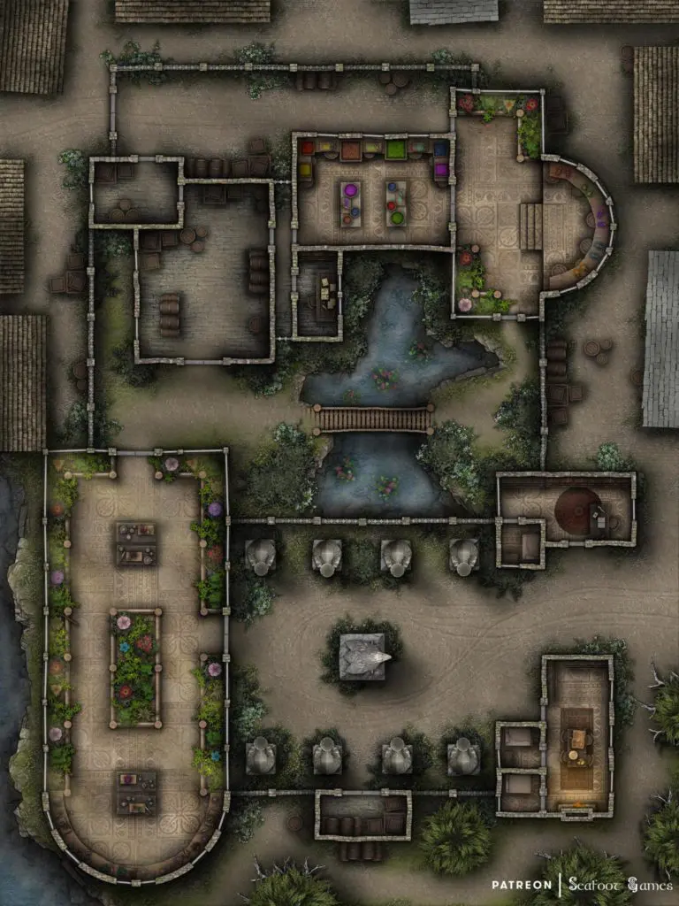 Free TTRPG battlemap of an Alchemist's Greenhouse Laboratory