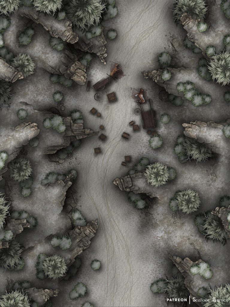 Free TTRPG battlemap of the Frozen Maw Pass Ambush