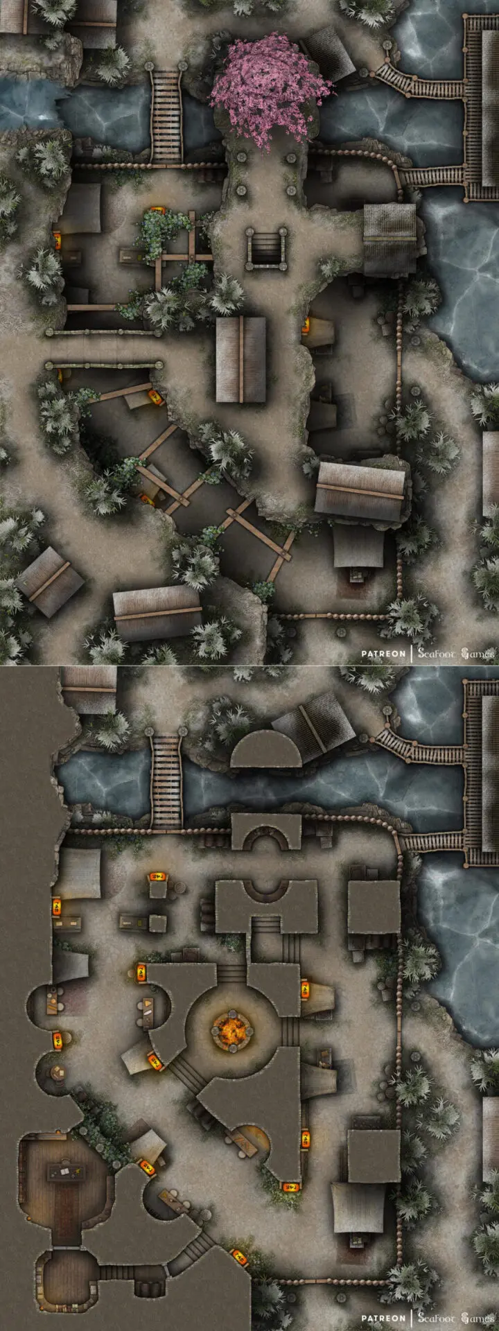 Free multi-level TTRPG battlemap of Izumi's Winter Japanese Village