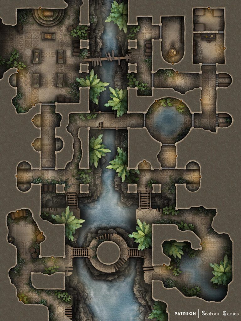 Free TTRPG battlemap of a Raider's Ruined Temple of the Lost Ark