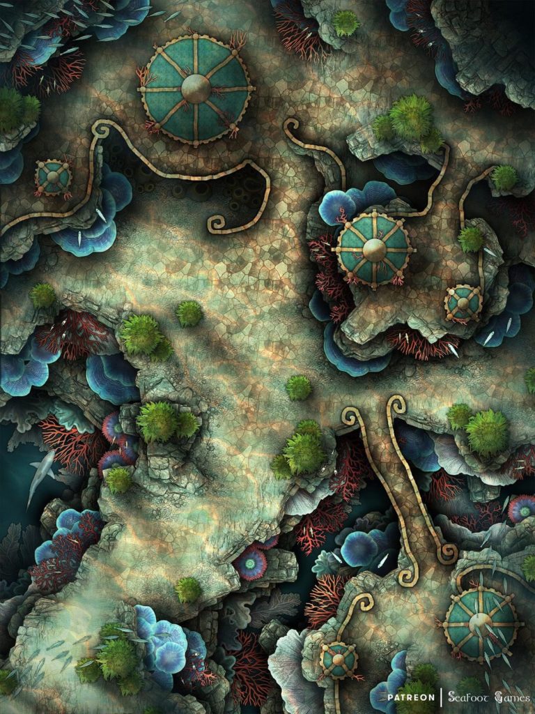 Free TTRPG battlemap of an Underwater Coral Village