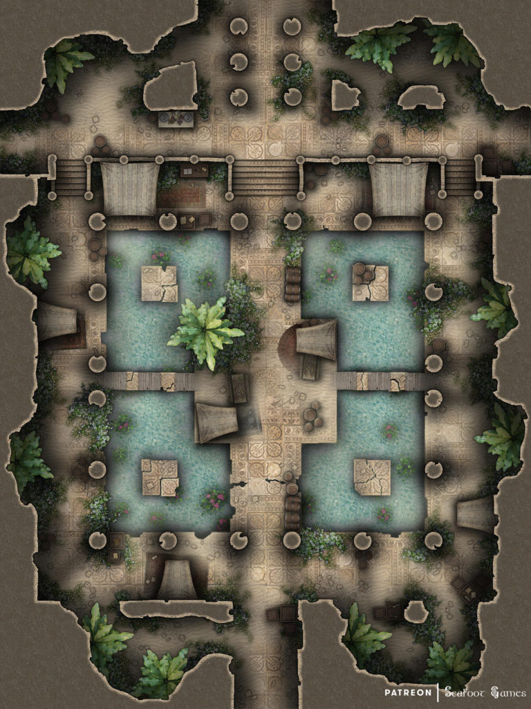 Free TTRPG battlemap of Alkali's Ruined Temple Refuge