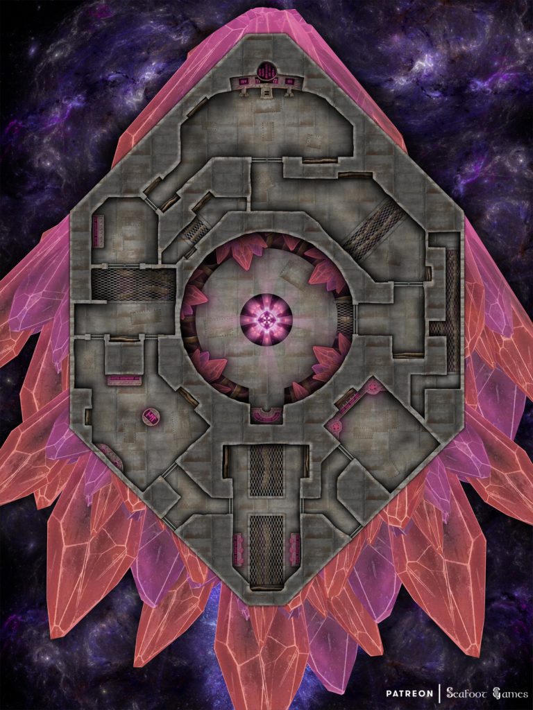 Free TTRPG battlemap of a Cosmic Crystal Spaceship