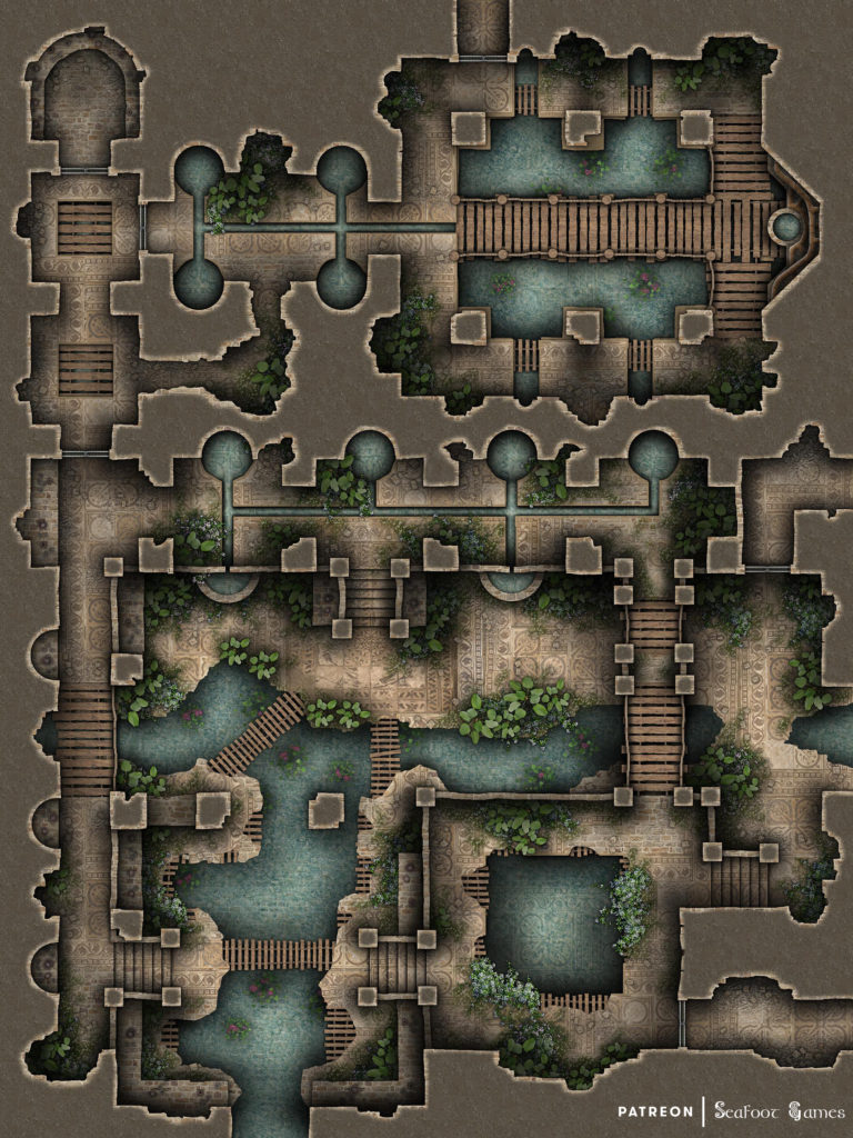 Free TTRPG battlemap of an Overgrown Wellspring Temple