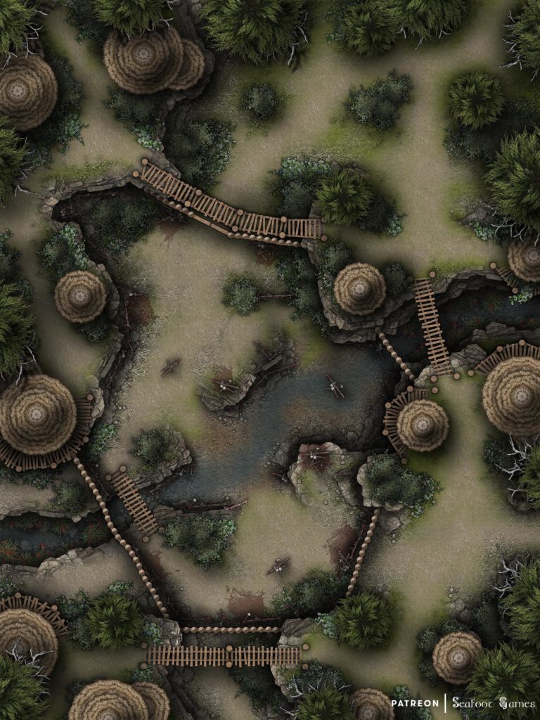 Free TTRPG battlemap of a Primitive Forest Village Arena
