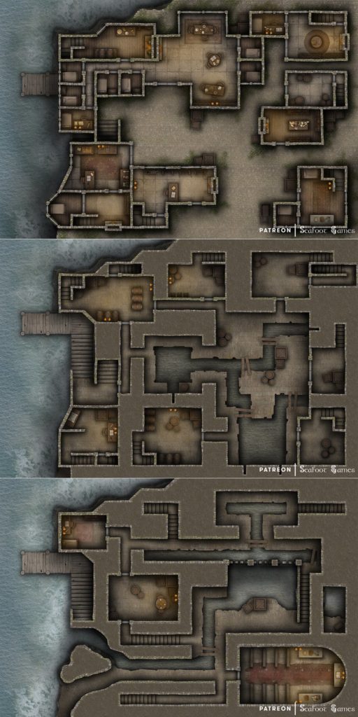 Free TTRPG battlemap of a Town of Seacliff