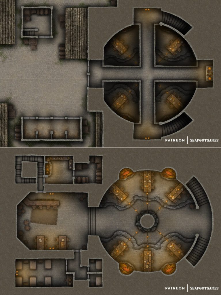 Free TTRPG battlemap of a Bizzack’s Bar and Grill