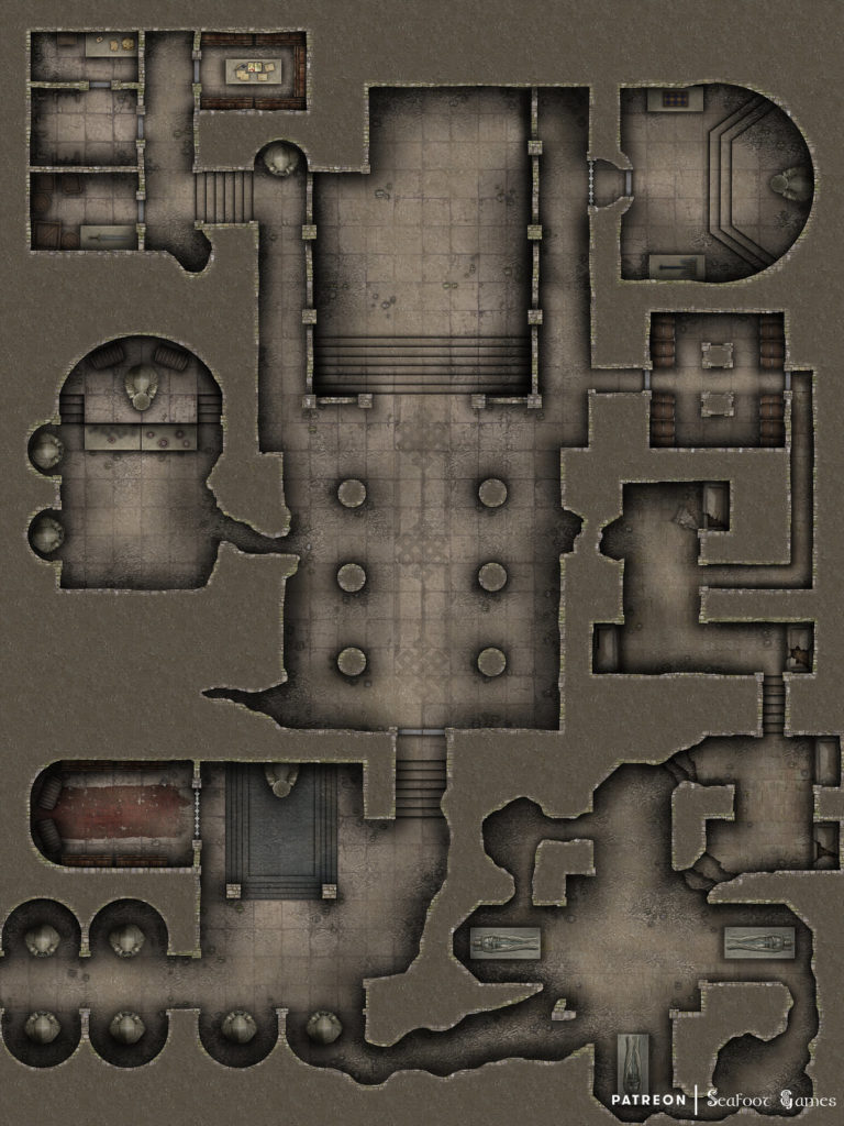 Free TTRPG battlemap of a Ruined Dwarven Vaults