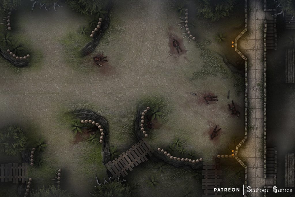 Free TTRPG battlemap of a Attacked Moonlit Town Wall