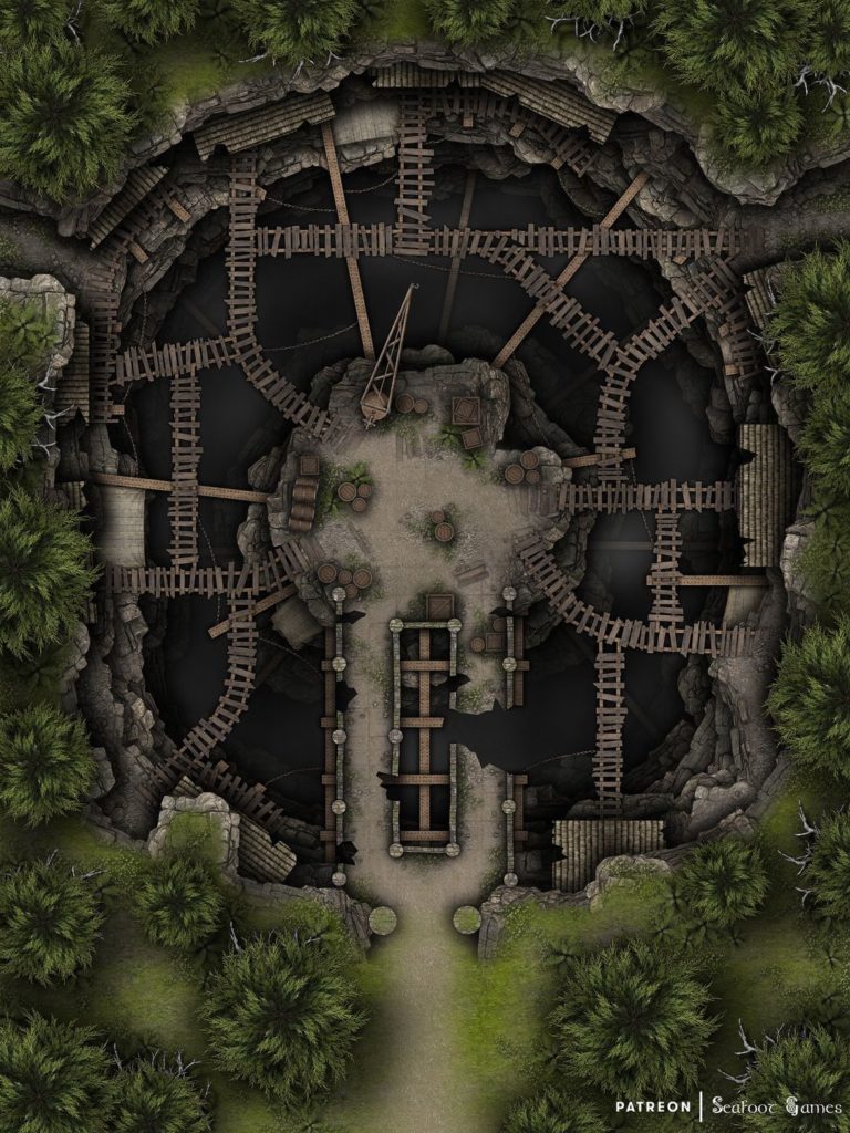 Free TTRPG battlemap of a Basilisk's Gully Mine