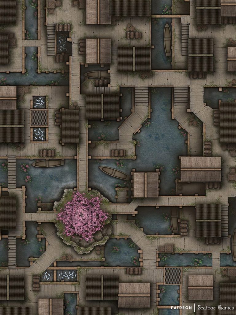 Free TTRPG battlemap of a Lake Village of Obira