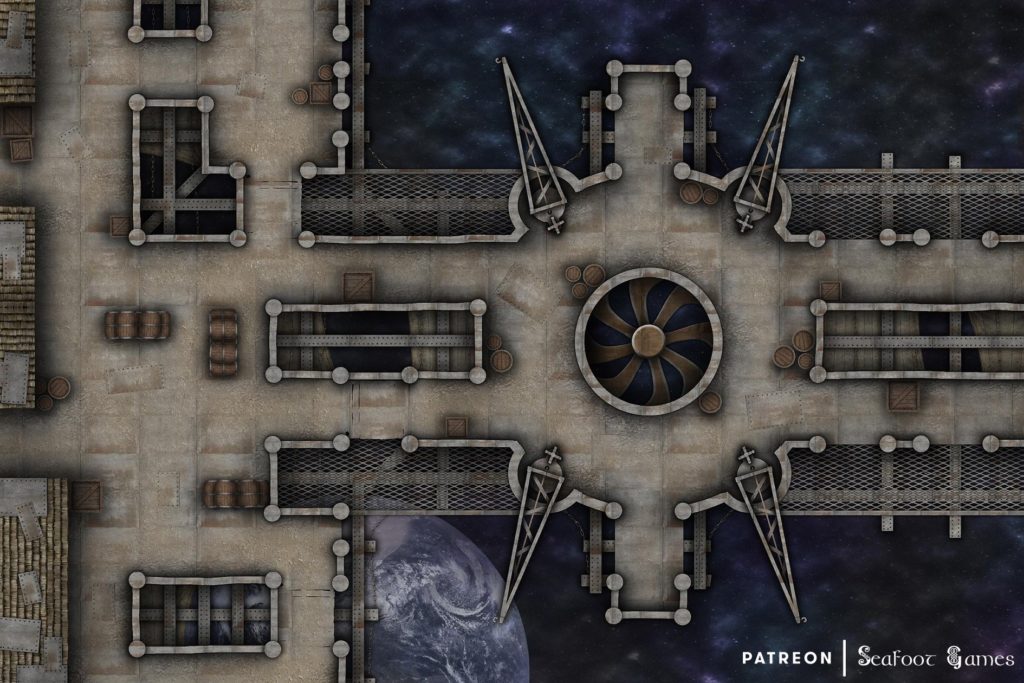 Free TTRPG battlemap of a Spelljammer Docks