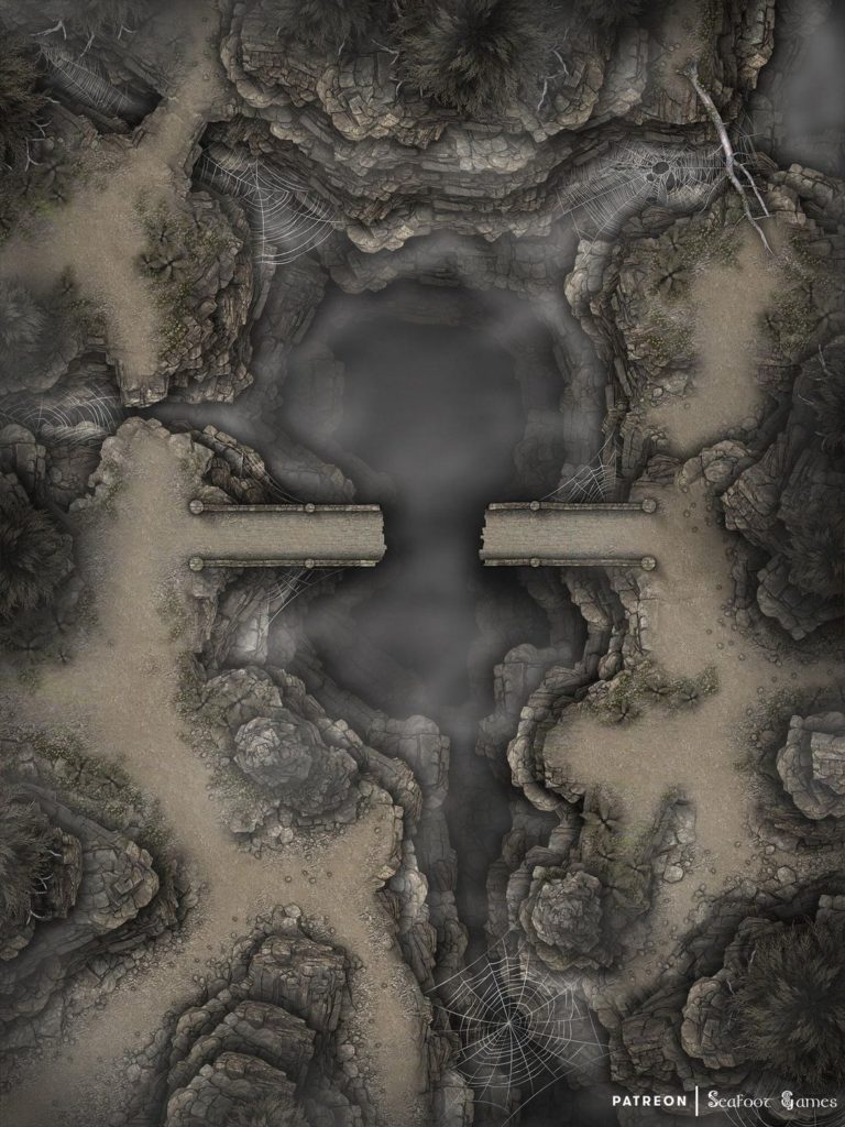 Free TTRPG battlemap of a Bleakbarrow’s Broken Bridge