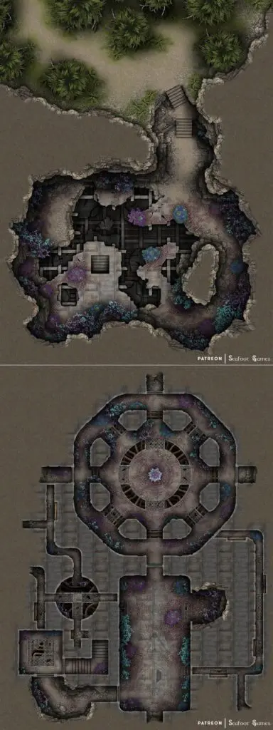 Free TTRPG battlemap of an Excavated World Seed Spaceship