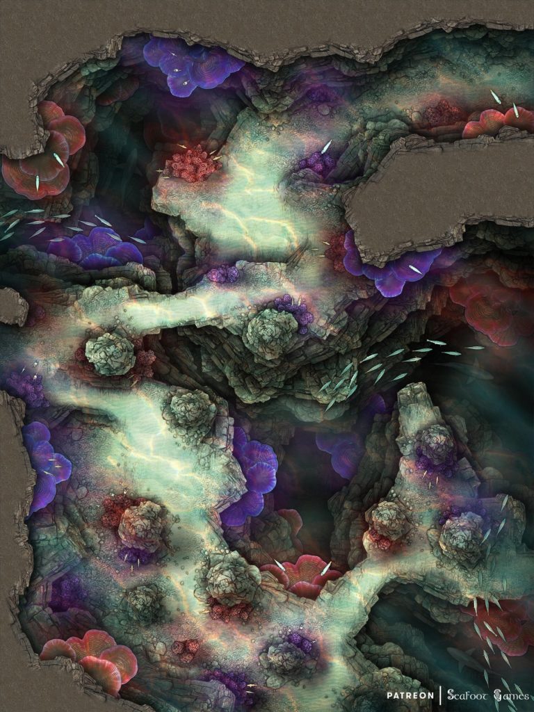Free TTRPG battlemap of a Underwater Cavern