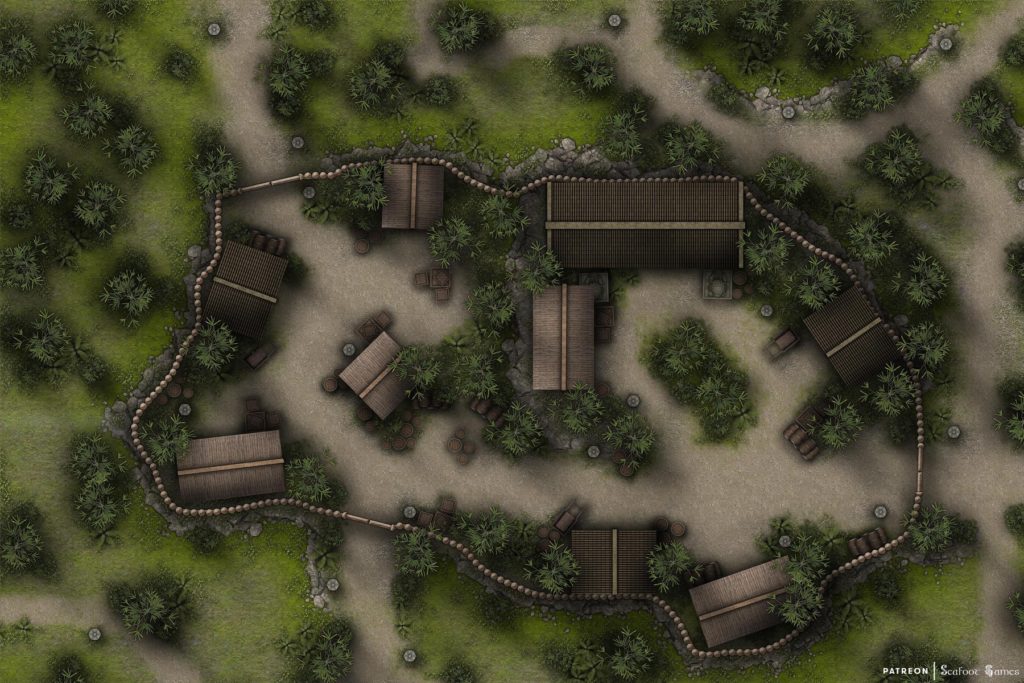 Free TTRPG battlemap of a Tagami Village