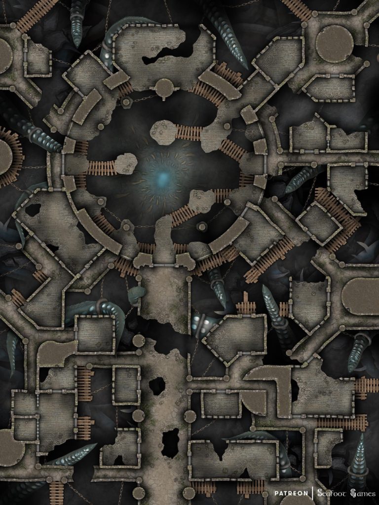 Free TTRPG battlemap of a Ruined City of Chained Horror