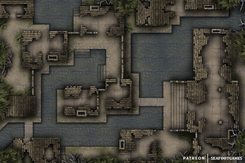 Free TTRPG battlemap of Ruined Canals of Ez’telan