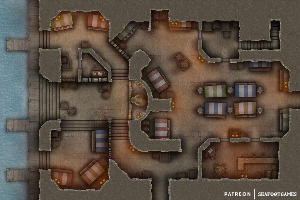 Free TTRPG battlemap of a Fisher’s Market