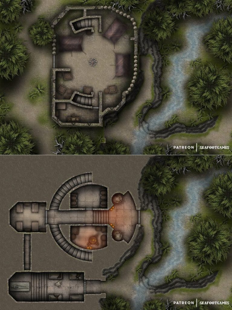 Free TTRPG battlemap of a Temple Hideout of the Ravagers