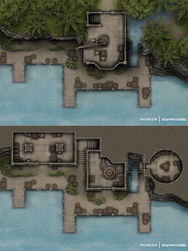 Free TTRPG battlemap of a Port Riverfall