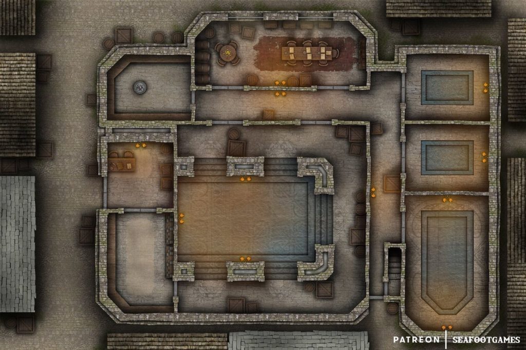 Free TTRPG battlemap of a Crime Lord’s Bath House
