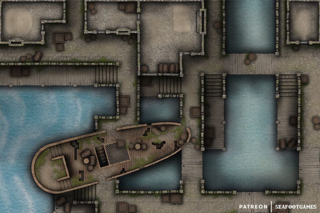 Free TTRPG battlemap of a Ruined Port of Murkmire