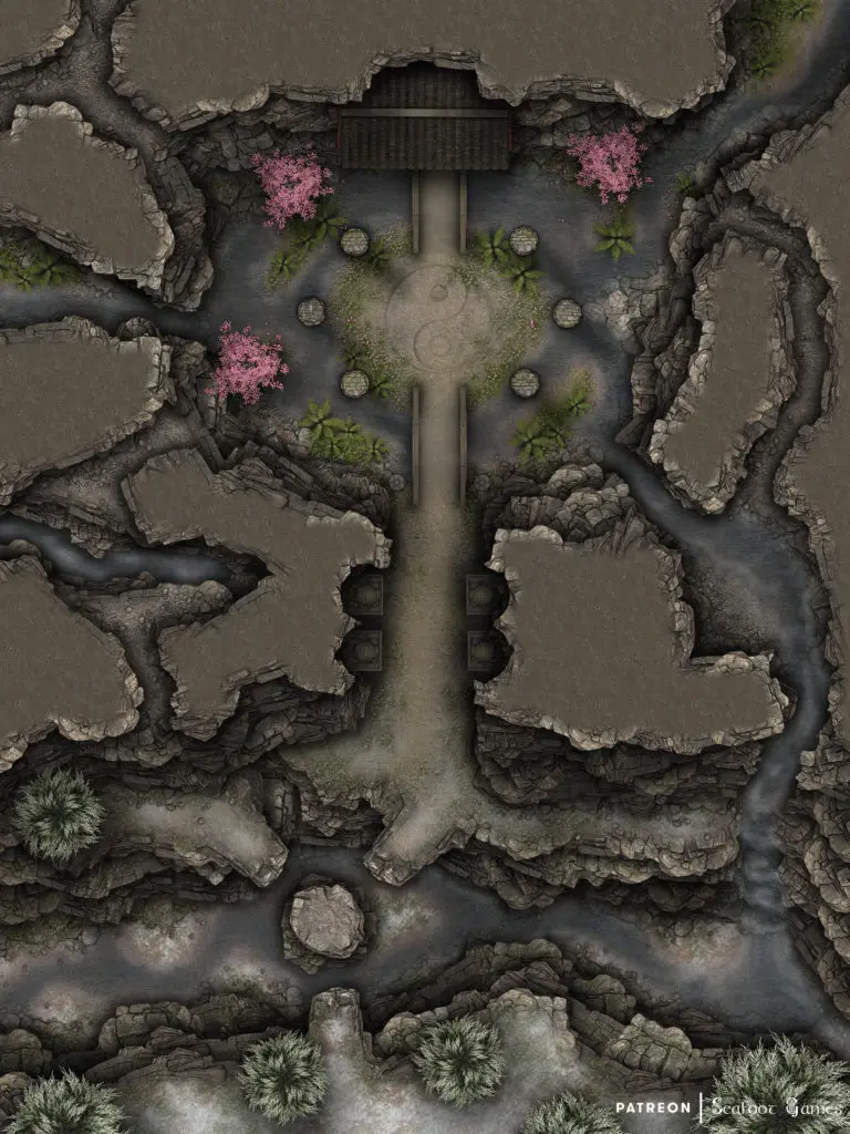 Free TTRPG battlemap of a Akari’s Refuge