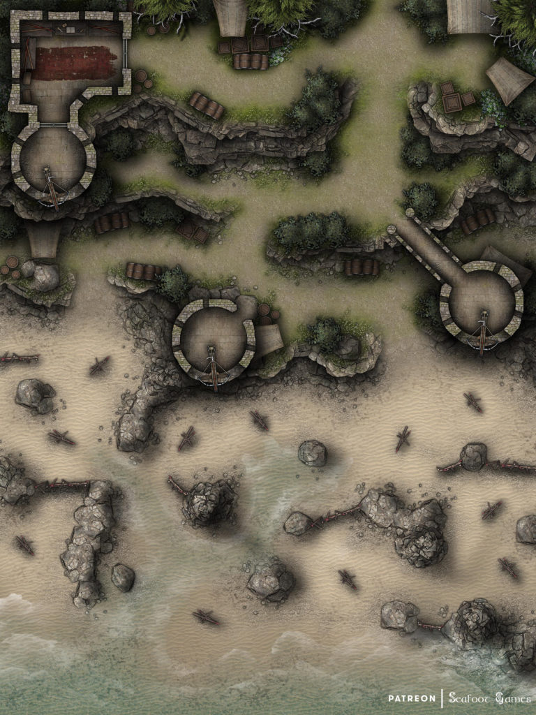 free TTRPG battlemap of a Fortified Beach Outpost