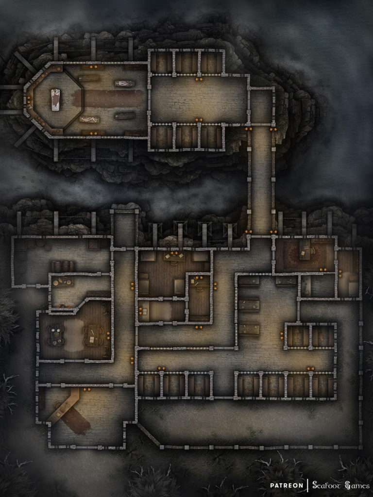 Free TTRPG battlemap of a Shadowy Ravensfall Prison