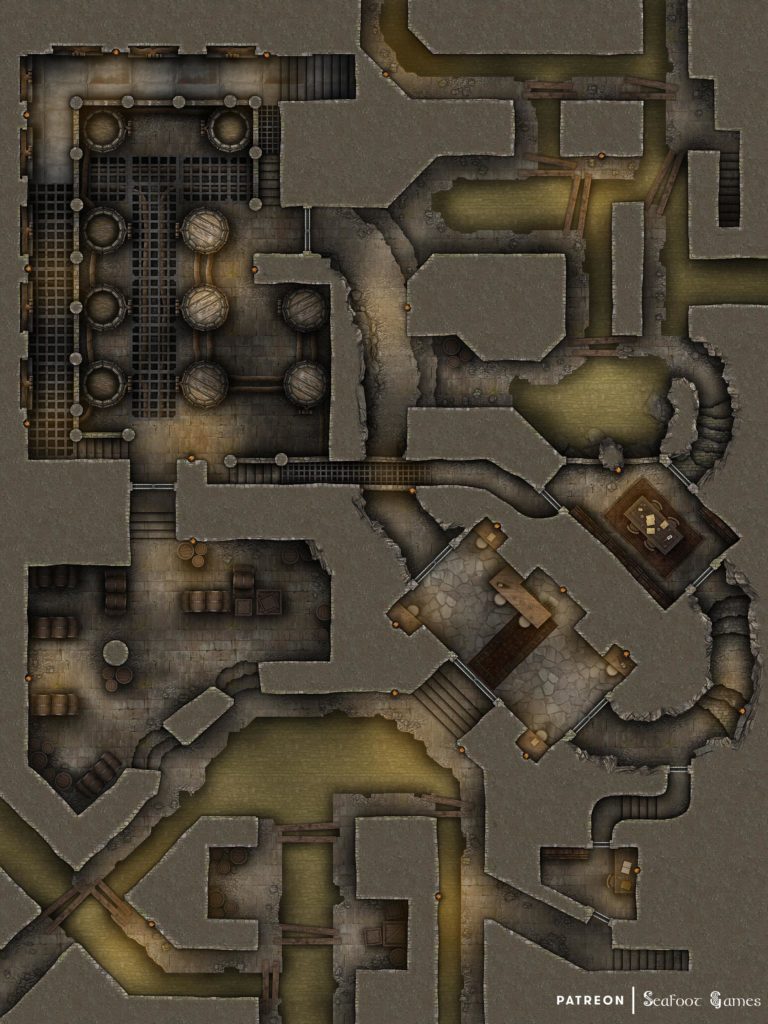 Free TTRPG battlemap of an Illegal Sewer Brewery