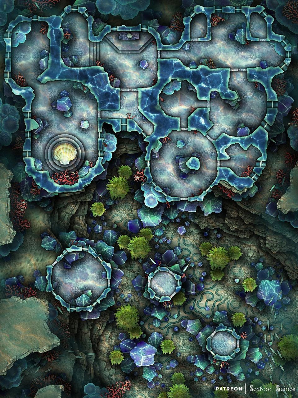 Free TTRPG Battlemap Underwater Ruined Crystal Palace