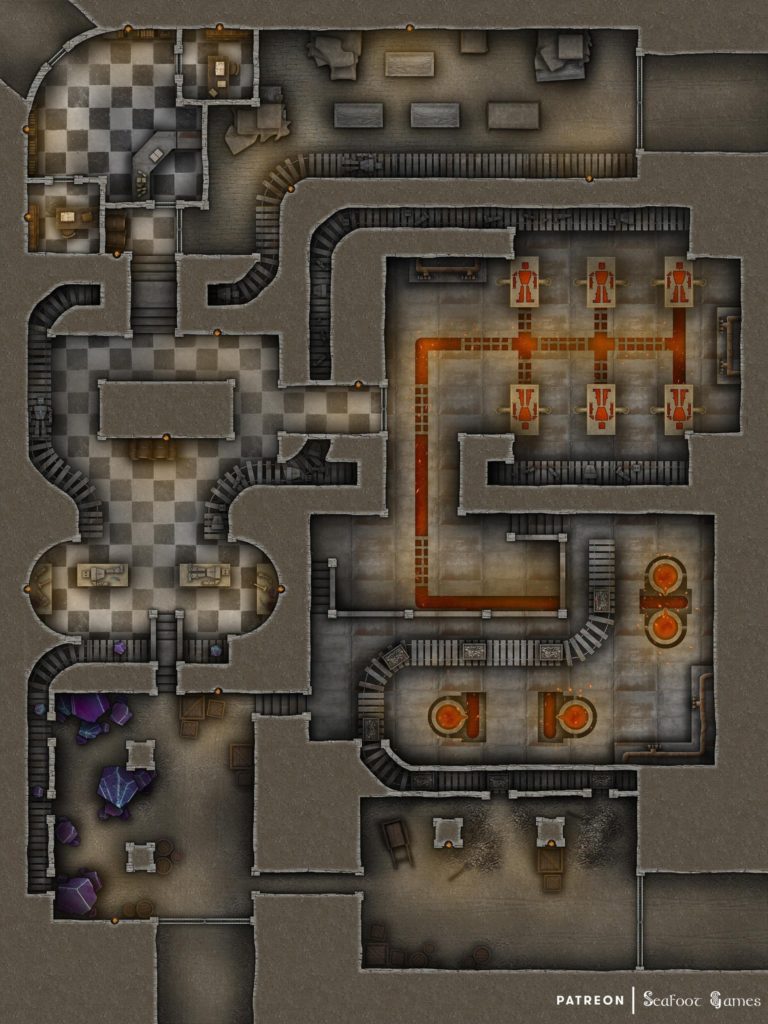 Free TTRPG battlemap of a Golem Factory