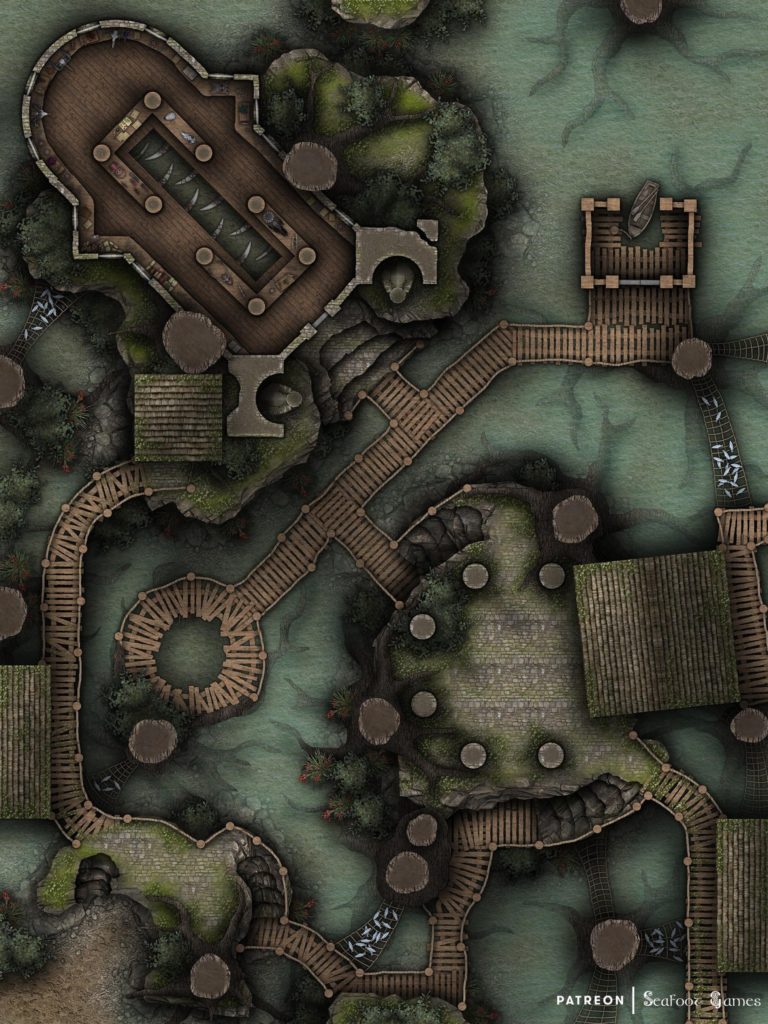 Free TTRPG battlemap of Mangrove Swamp Fishing Village