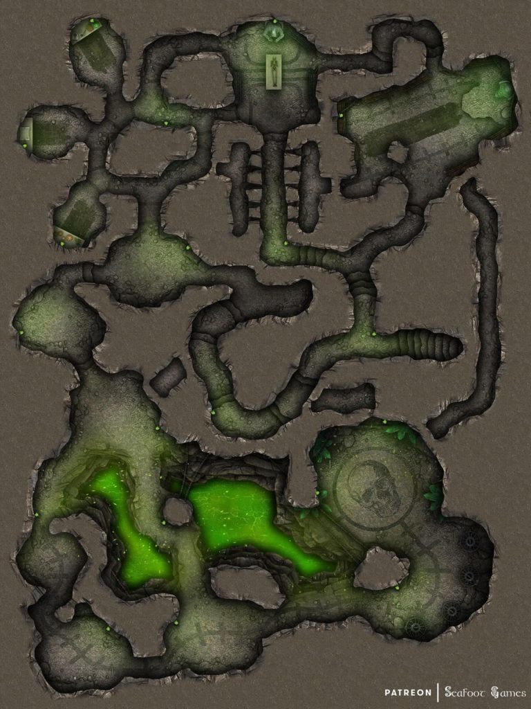 Necromancer's Underground Cavern Lair Free DnD Battlemap with Adventure, plus the whacky one-shot adventure for it. VTT ready, come download!