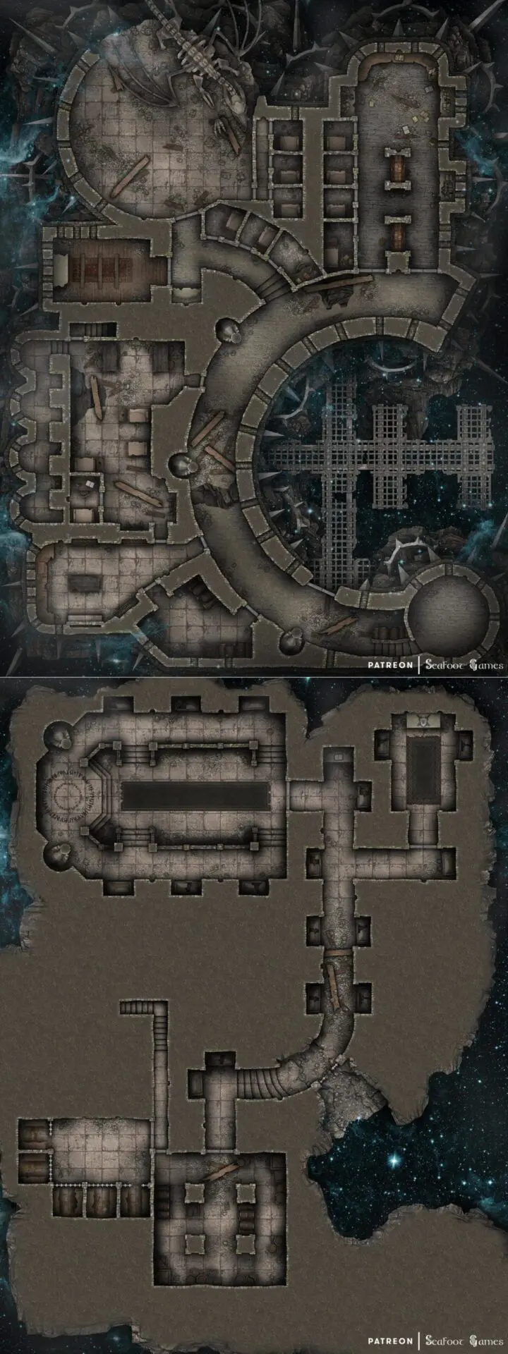 Ruined Castle of the Great Void Free Multi-Level DnD Battlemap + Adventure. Sail through the dark sea, to where great evil is sealed.