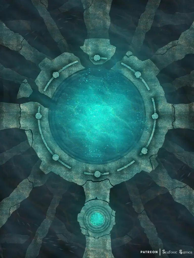 Eternal Well of Oceanus Free DnD Battlemap & Adventure, of an underwater portal plus its free adventure about a deep dweller army. VTT ready!
