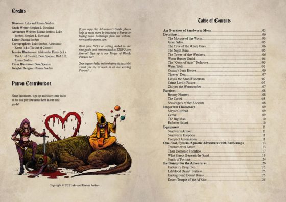 Sandworm Mesa Adventurer’s Guide by Seafoot Games table of contents