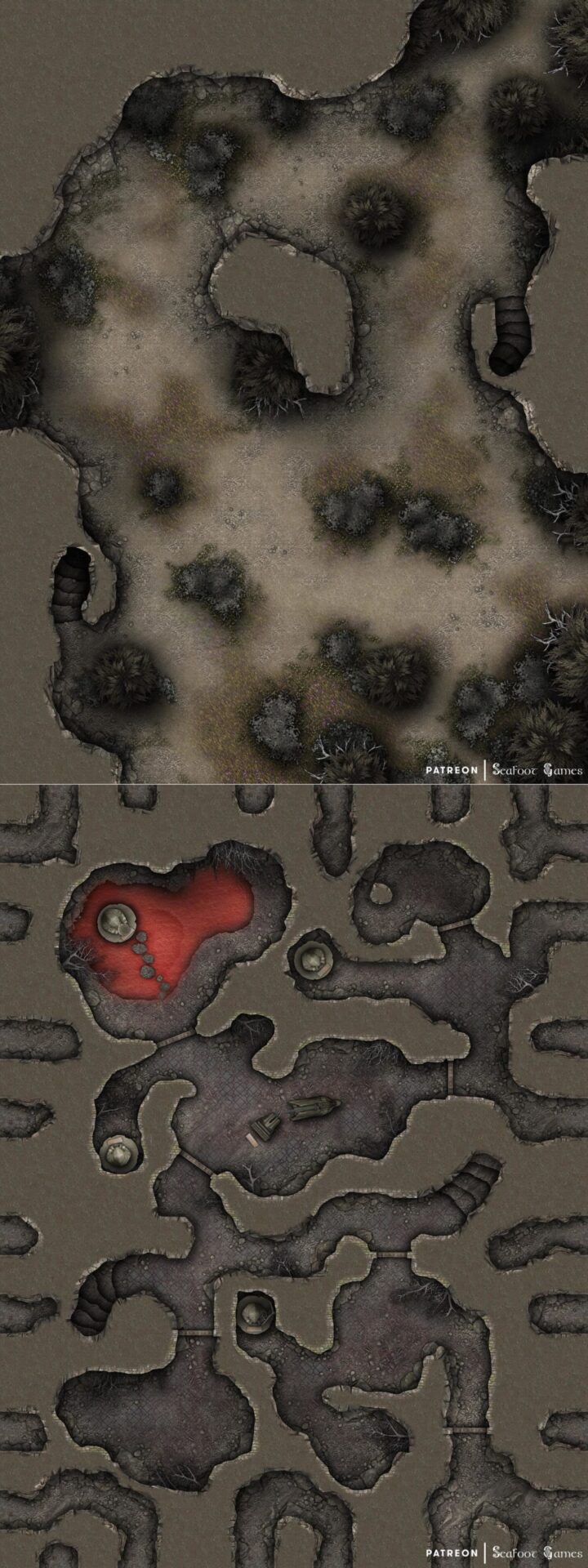 Download this Dark Shrine Barrows free multi-level 40×30 DnD battlemap & adventure, featuring a thief trying to return cursed treasure. VTT ready!
