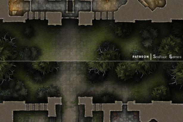 Ruined Merchant Prince’s Toll Fortress Free 40x30 Multi-Level Battlemap & Adventure