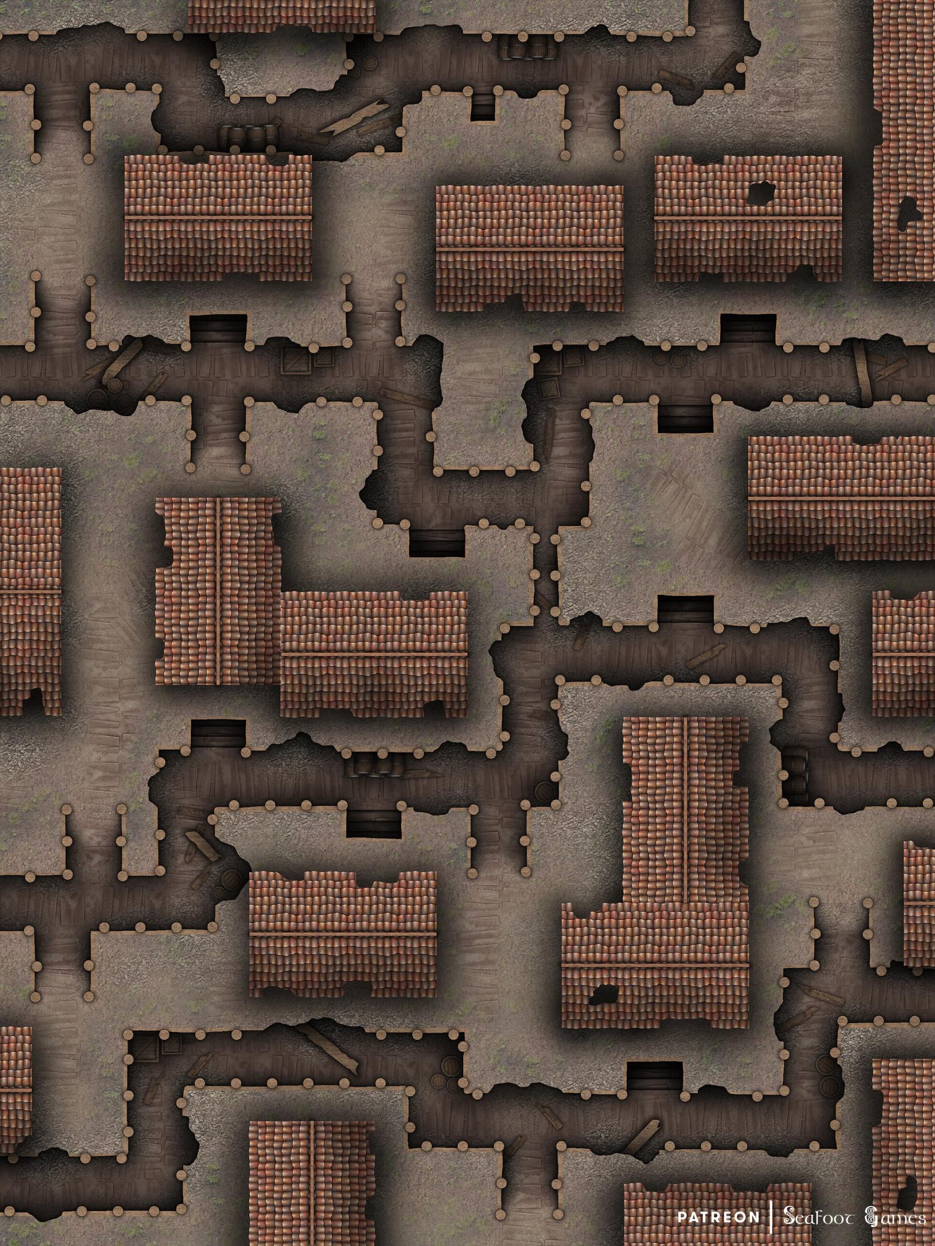 Level 1 of our Abandoned Wartorn Town Thieves Dens Free 40x30 Multi-Level Battlemap & Adventure, featuring a journey to the shadowrealm to save knowledge. VTT ready!