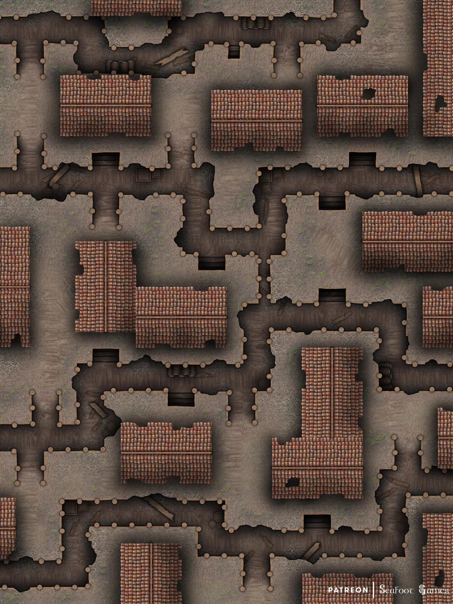 Level 1 of our Abandoned Wartorn Town Thieves Dens Free 40x30 Multi-Level DnD Battlemap & Adventure, featuring a journey to the shadowrealm to save knowledge. VTT ready!