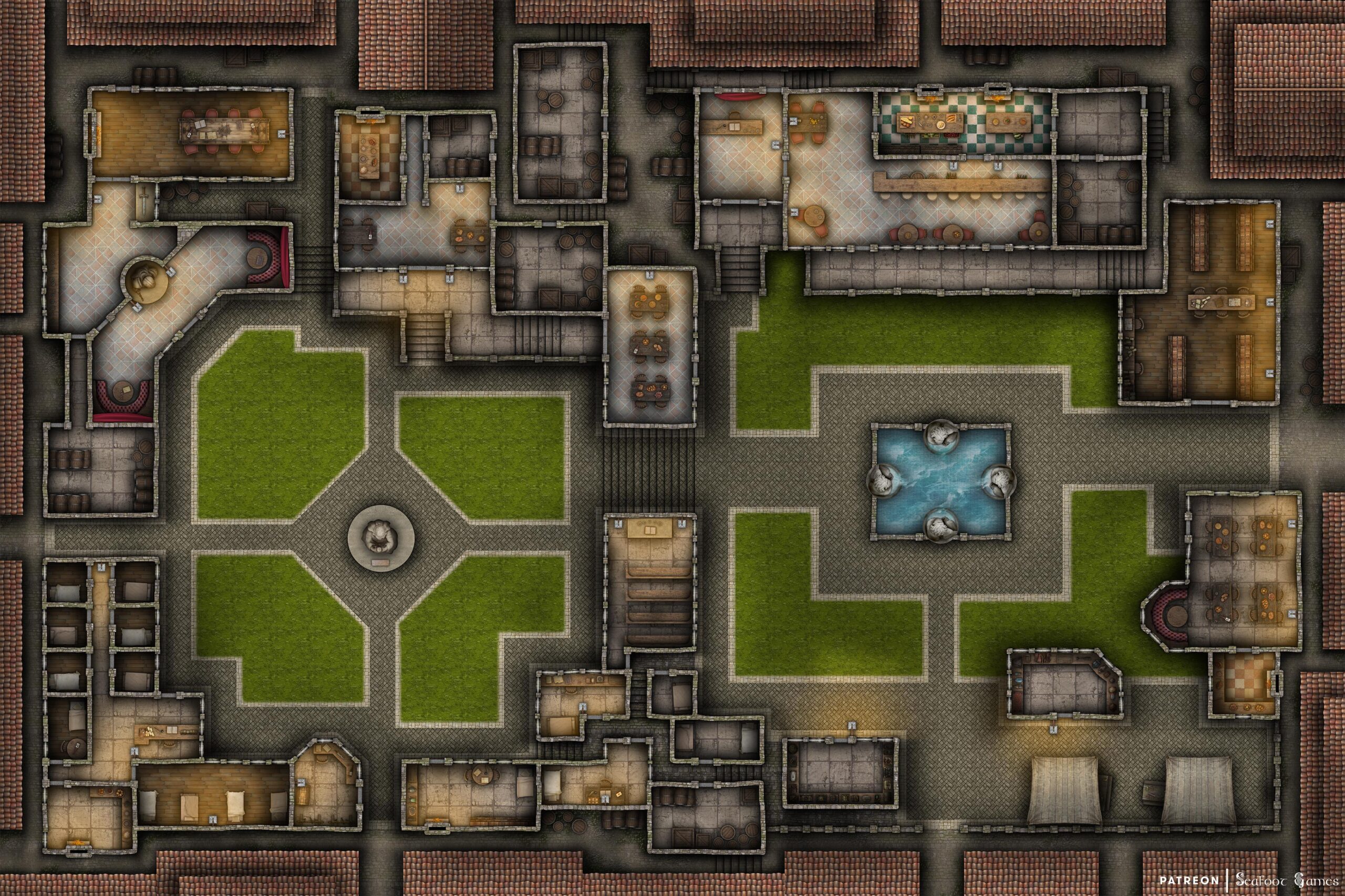 City Plaza Free 60x40 Battlemap, with welcoming houses and taverns opening into green courtyards, one with a fountain. VTT ready!