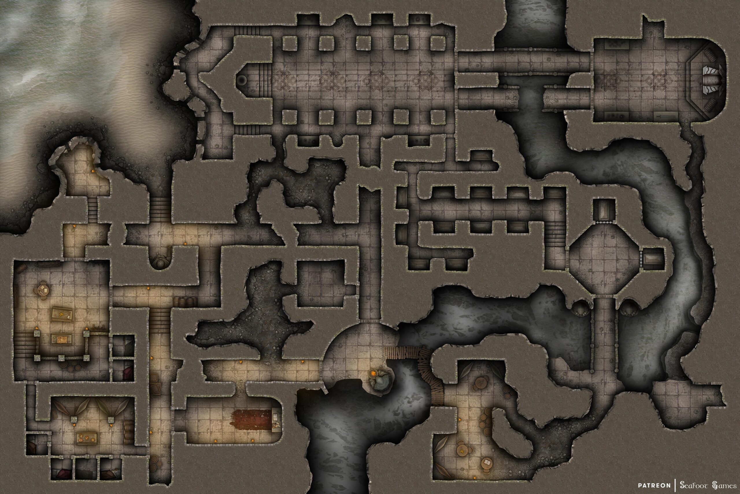 Daggercoast Great Ruins Bandit Hideout Free 60x40 Battlemap & featuring a dark magical artifact. VTT ready!