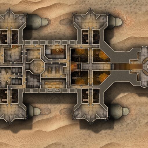 Desert Camel Walking Stronghold Free 60x40 Battlemap, which was inspired by a Star Wars ATAT and the Camel Divine Beast from Zelda: BotW. VTT ready!