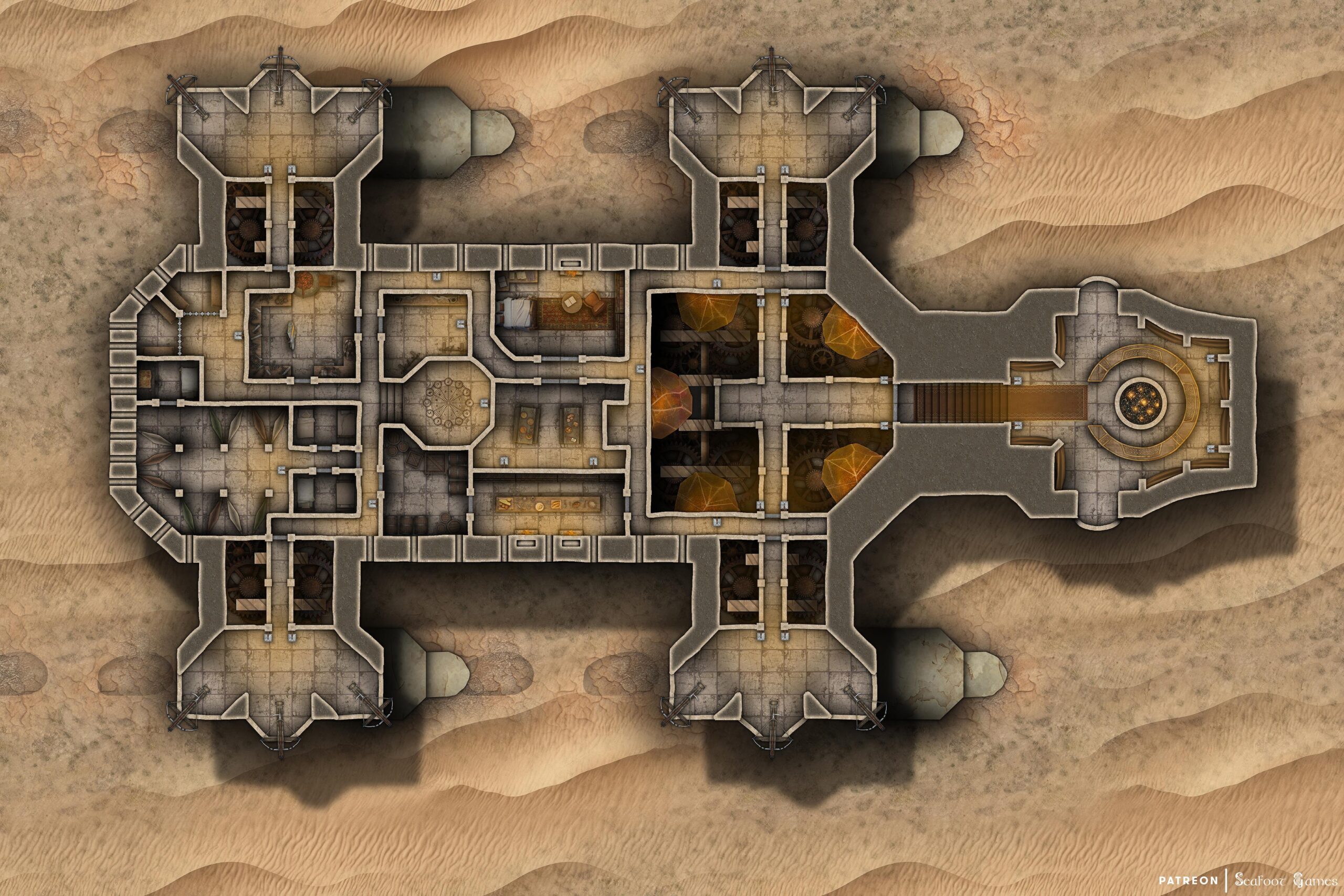 Desert Camel Walking Stronghold Free 60x40 Battlemap, which was inspired by a Star Wars ATAT and the Camel Divine Beast from Zelda: BotW. VTT ready!
