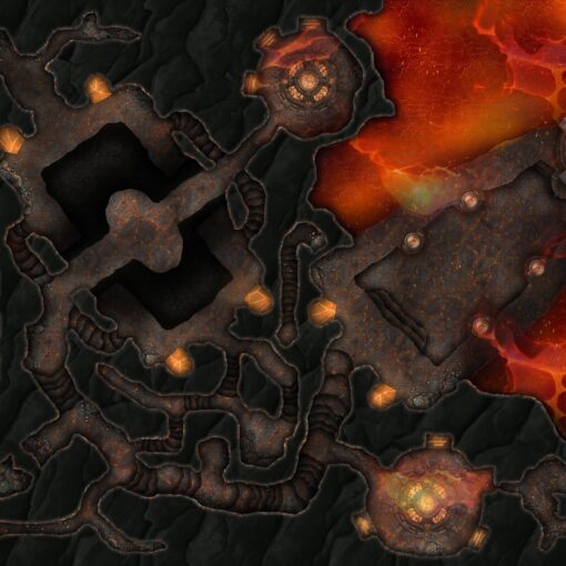 Felforged Stronghold Free 60x40 Battlemap, with hellish fire and magma lapping against charred and blackened rocks. VTT ready!