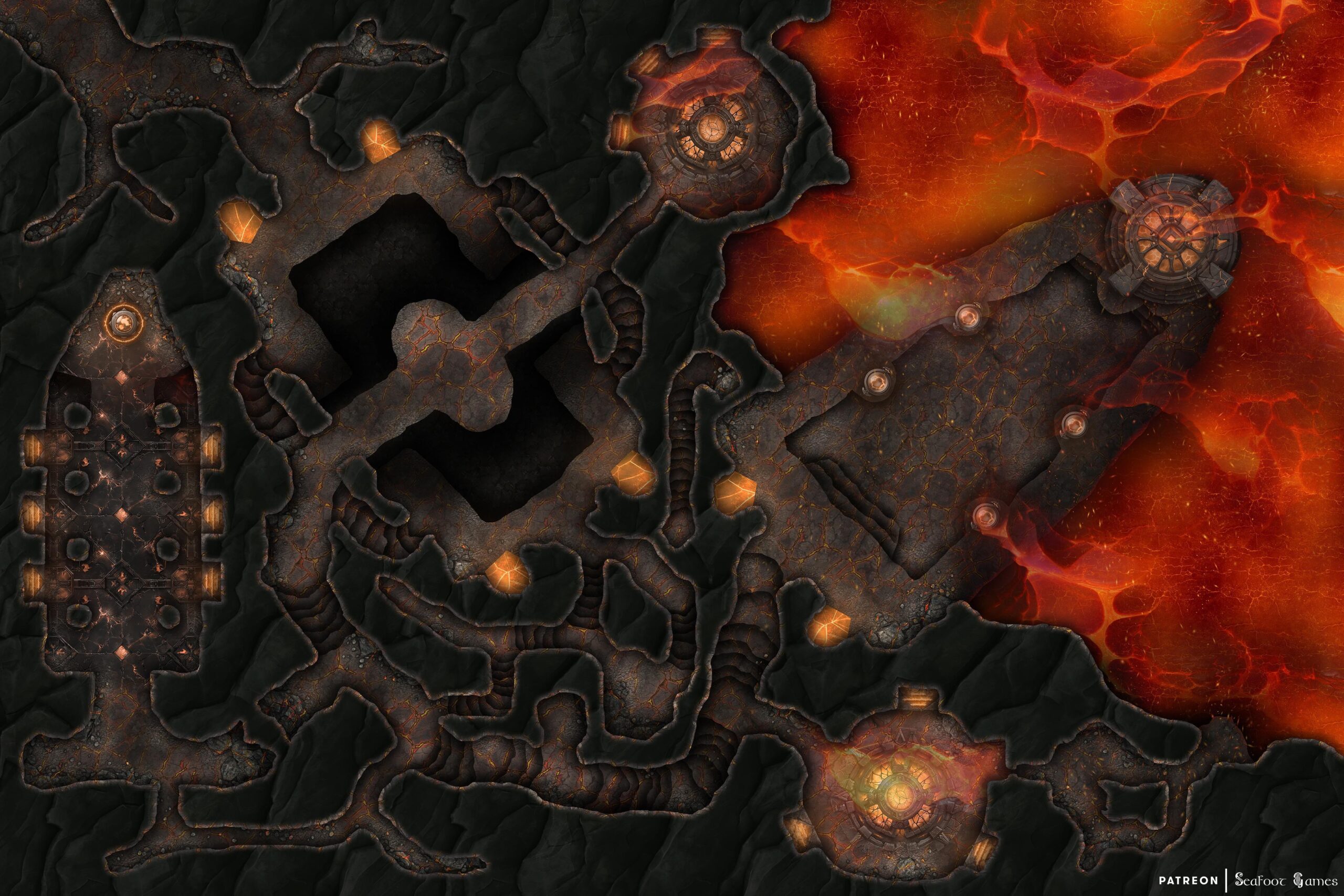Felforged Stronghold Free 60x40 DnD Battlemap, with hellish fire and magma lapping against charred and blackened rocks. VTT ready!